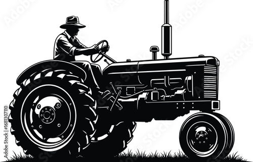 Black and white tractor sketch, rural farming illustration, vintage agricultural machinery, farmer driving tractor, countryside scene, hand-drawn vector, outdoor field equipment