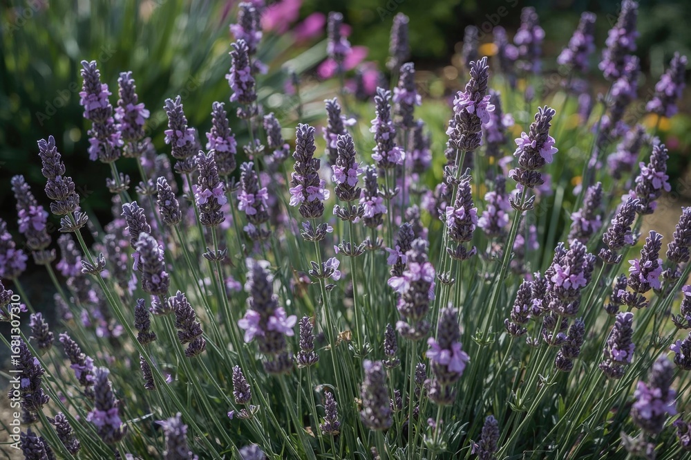Obraz premium Gentle breeze sways lavender flowers, crafting a peaceful garden scene.
