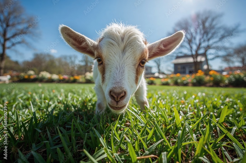Obraz premium Young goat grazes on a lush grassy field