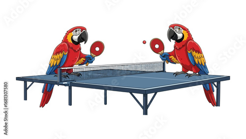 Parrot Play: Two vibrant parrots engage in a lively game of table tennis, showcasing their playful side, illustrated with vivid colors and detail.