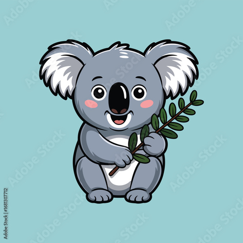 Adorable grey koala holding green eucalyptus branch white black