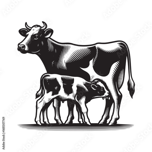 Black and White Vector of Dairy Cow Feeding Milk to Calf – Easy Tracing Farm Illustration