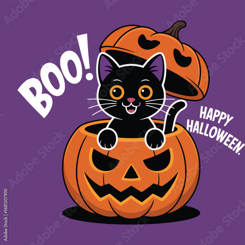 Black cat peeking from carved pumpkin with happy halloween message vector