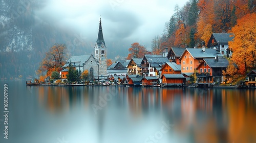 Hallstatt Austria Autumn Landscape, Lake Colorful Houses Church Europe Travel Background Concept
