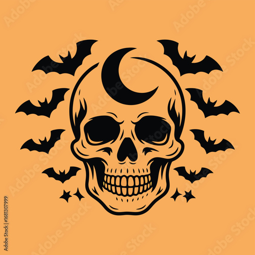Black skull crescent moon bats stars orange background halloween
