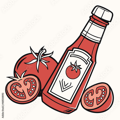 Illustration of a bottle of ketchup with fresh tomatoes isolated on white