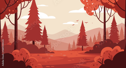 Autumnal forest landscape with red trees and mountains in background  