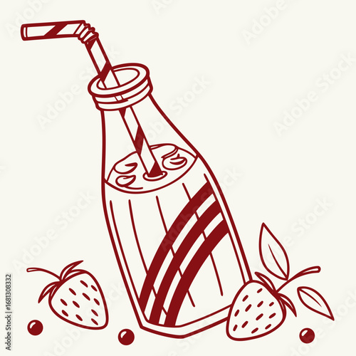 Illustration of milkshake in bottle with straw and strawberries