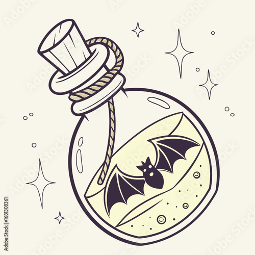 Vector art of a potion bottle with a bat inside, a spooky and magical halloween concept