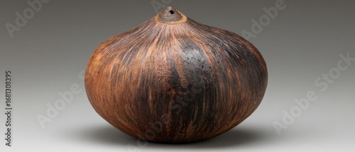 Striking Studio Shot of a Textured Brown Ceramic Vessel with a Hole at the Top, Eye-Level View, Neutral Background