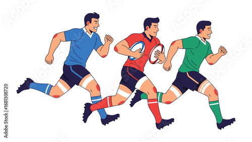 Rugby Action: A dynamic illustration captures rugby players in mid-action, racing across the field with determined focus. Each player, clad in vibrant team colors.