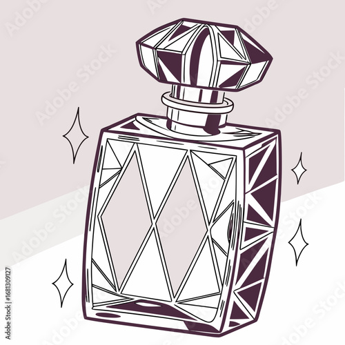 Vector art of elegant perfume bottle with crystal stopper and shining sparkles around it