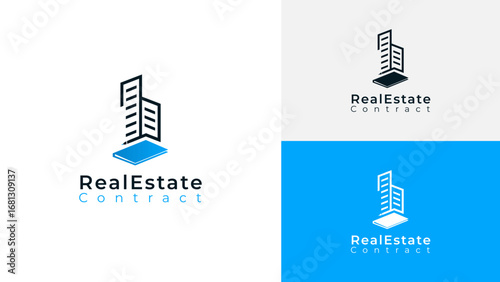 Minimal Real Estate Contract Logo with Building and Document Symbol.