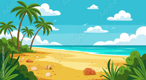 Tropical beach illustration for summer promotions and vacation travel marketing materials