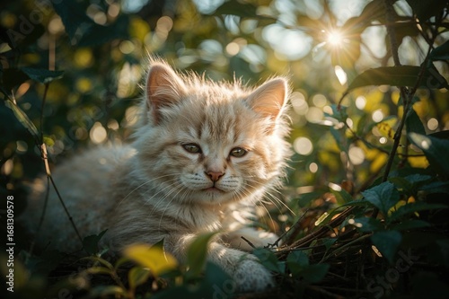Cat napping beneath dappled sunlight and leafy shadows