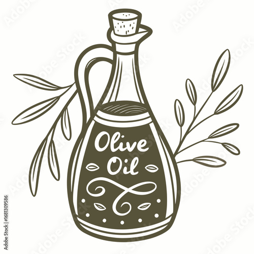 Vector art of olive oil bottle with olive branch