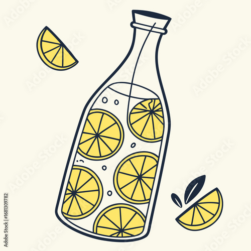 Vector art of refreshing lemonade in a glass bottle with lemon slices isolated on white