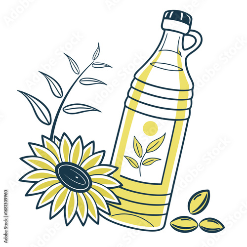 Vector art of sunflower oil bottle with flower and seeds