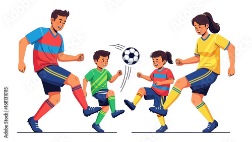 Family Football Fun: A vibrant illustration capturing a joyful family playing football. Showing a parent and their kids kicking ball creating a dynamic and playful image of family bonding.