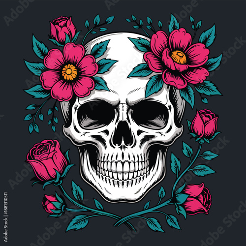 White skull with pink flowers and green leaves roses
