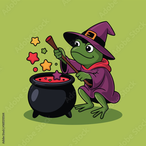 Green frog witch stirring cauldron with magic stars halloween