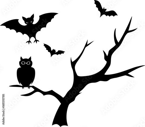 Halloween night with bats a crow on a dead tree and an owl silhouette
