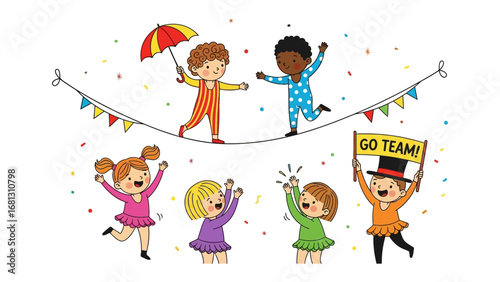 Playful Balancing Act: Illustrative scene of a joyous group of children navigating a tightrope, symbolizing balance, skill, and the thrill of achievement, with supporting characters cheering them on.