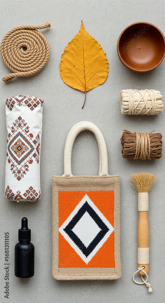 Fototapeta premium Natural craft supplies and elements flat lay composition