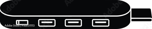 Black silhouette of a usb hub with multiple ports on a white background