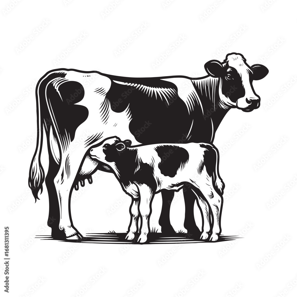 Fototapeta premium Black and White Vector of Dairy Cow Feeding Milk to Calf – Easy Tracing Farm Illustration