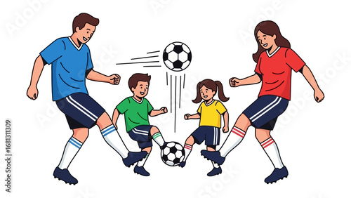 Family Soccer Fun: A cheerful family engaged in a spirited soccer match, showcasing teamwork and togetherness. The animated illustration captures the joy of playtime.
