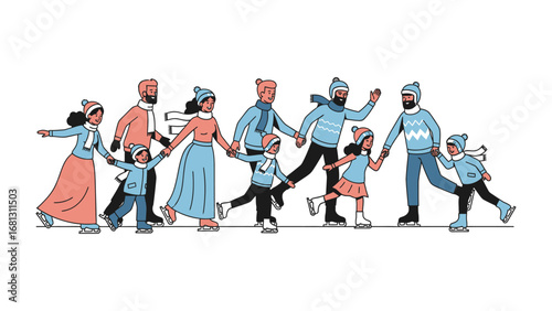Joyful Winter Skating: An illustration of a family enjoying a winter day together, holding hands as they gracefully glide across the ice in a heart warming scene of unity and fun. 