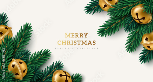 Merry Christmas pine fir tree branch garland, gold metal vintage jingle bells on white background. Vector illustration. Place for text. Holiday Xmas party frame, poster background, 3d noel banner