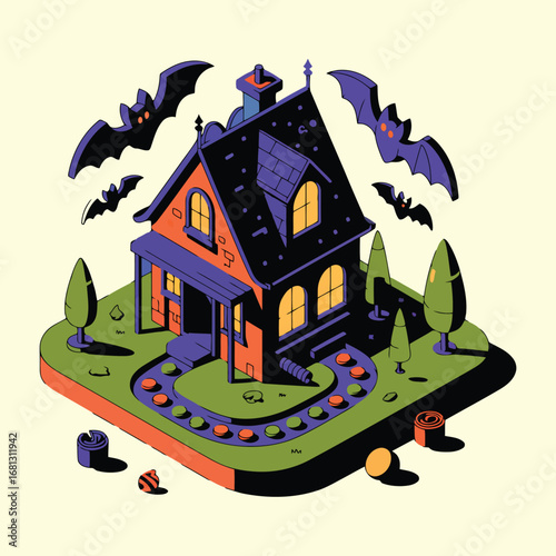 Spooky haunted house with flying bats and autumn trees halloween