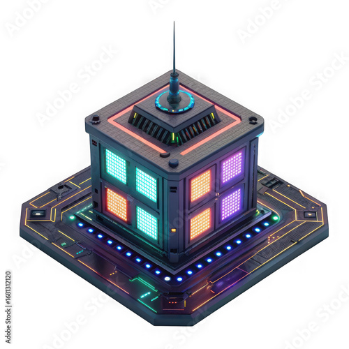 Futuristic isometric sci fi power generator with glowing panels isolated on transparent background