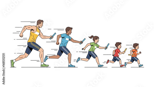 Relay Race: A dynamic illustration captures the energy of a relay race, with runners of varying ages sprinting, passing the baton, and showcasing the essence of teamwork.