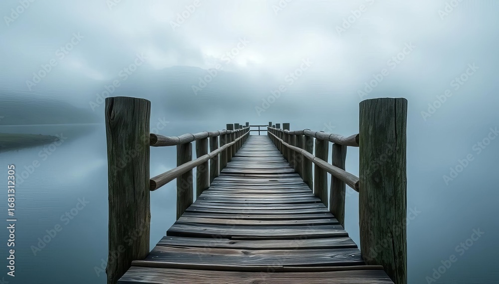 Fototapeta premium Weathered pier stretches into misty lake, rustic charm, serene landscape, image, peaceful