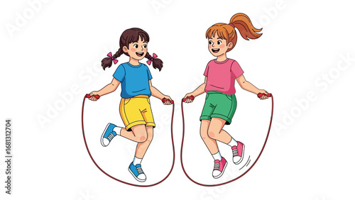 Friendship in Motion: Two young girls joyfully skipping rope, a symbol of childhood play and active fun. Capturing the lightheartedness and energy of youth.