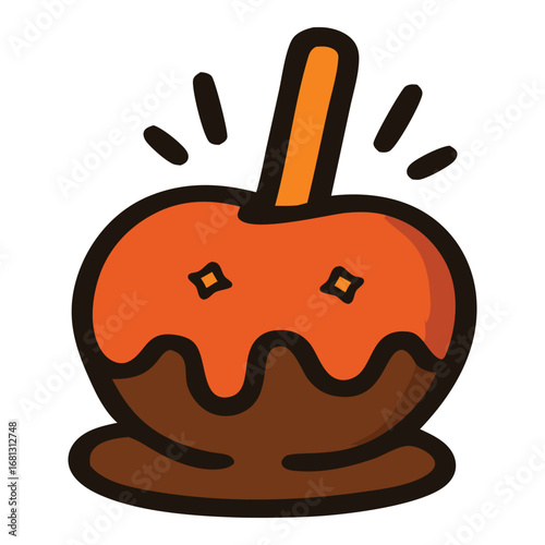Sparkling caramel apple on a stick perfect for autumnthemed designs, food blogs, and party invitations. Ideal for seasonal marketing campaigns.