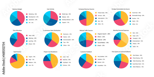 Business data pie chart infographic set finance analytics