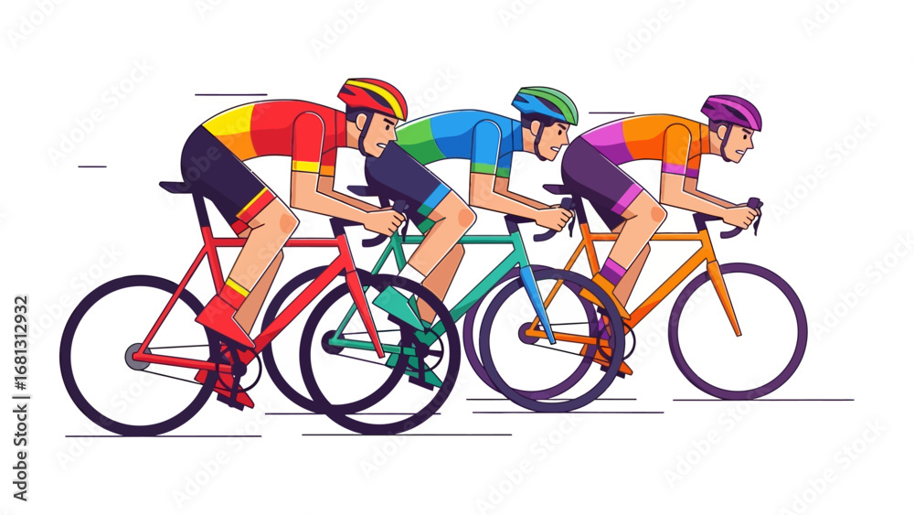 Fototapeta premium Cycling Competition: A dynamic illustration captures the essence of competitive cycling, with three cyclists intensely focused on their race, showcasing speed, agility, and the thrill of the contest.