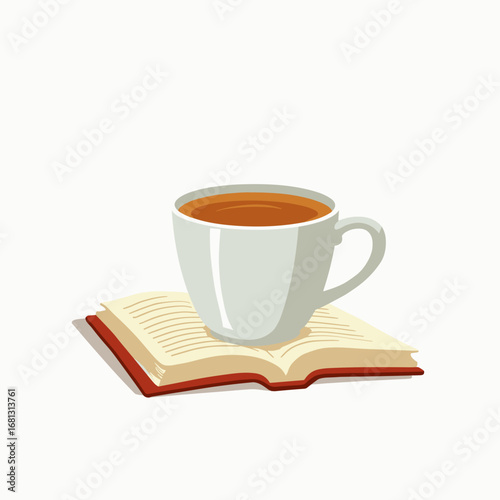 White tea mug on open recipe book in flat design style  