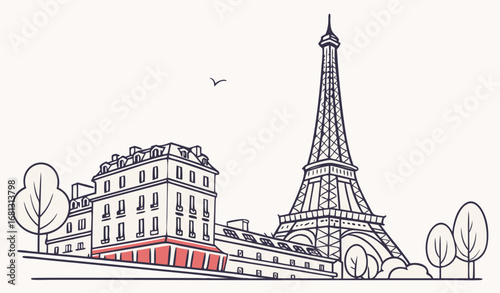 Flat vector illustration of Eiffel Tower in Paris, minimal design, simple colors, clean vector style
