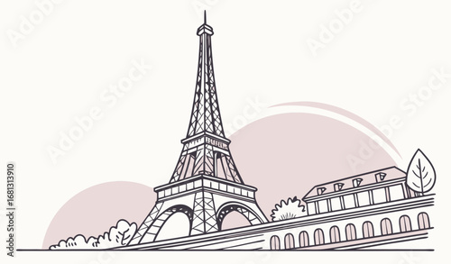 Flat vector illustration of Eiffel Tower in Paris, minimal design, simple colors, clean vector style
