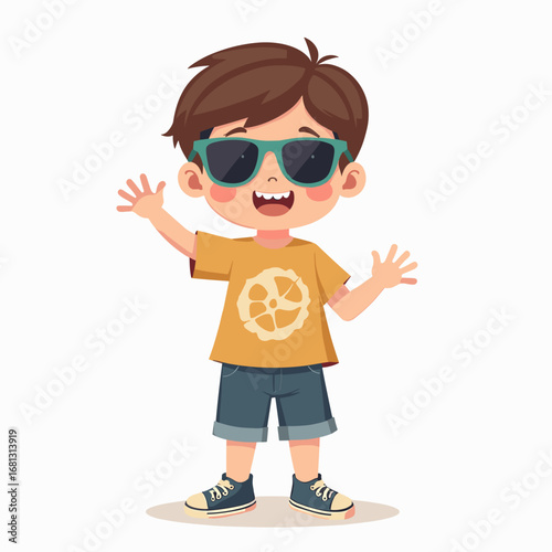 Happy toddler wearing sunglasses and waving in a playful pose  