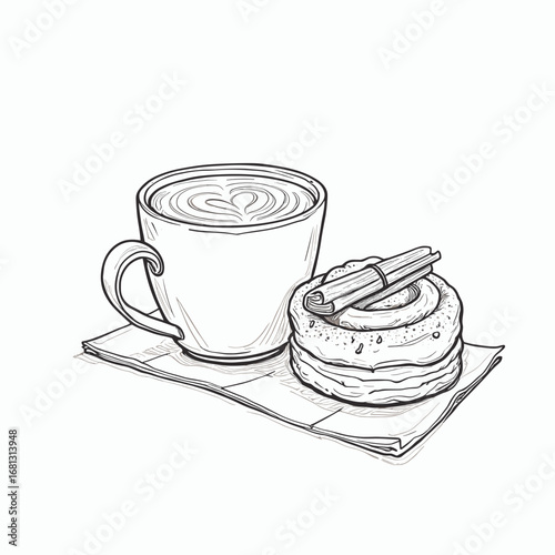 Outline illustration of coffee cup and cinnamon bun on napkin  