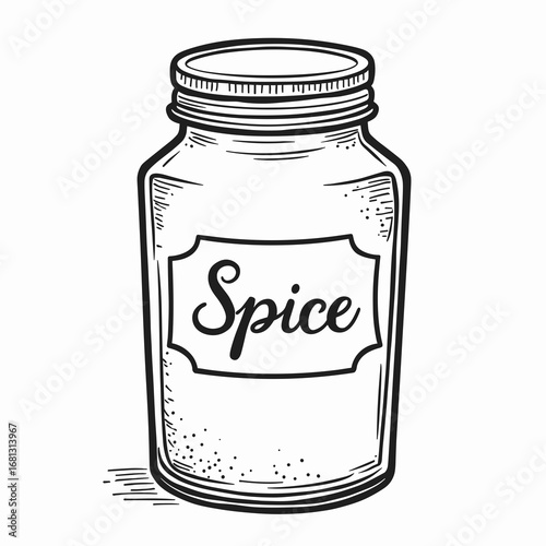 Outline of spice jar with handwritten label isolated on white background  