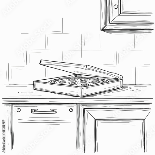 Pizza box on kitchen counter with lid opened in a simple outline style  