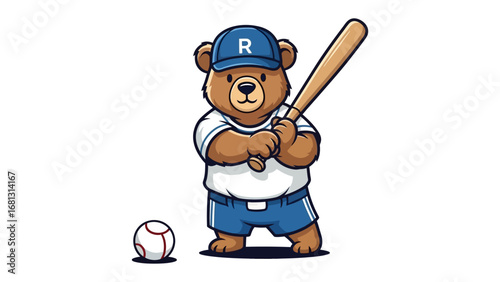 Bear Ready to Play Baseball: A playful cartoon bear, dressed in a baseball uniform with a bat and ball, ready to hit the ball. It shows cartoon bear's friendly attitude.