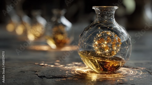 Alchemical transformation with glowing geometric fields extracting golden atoms in a mysterious laboratory setup.